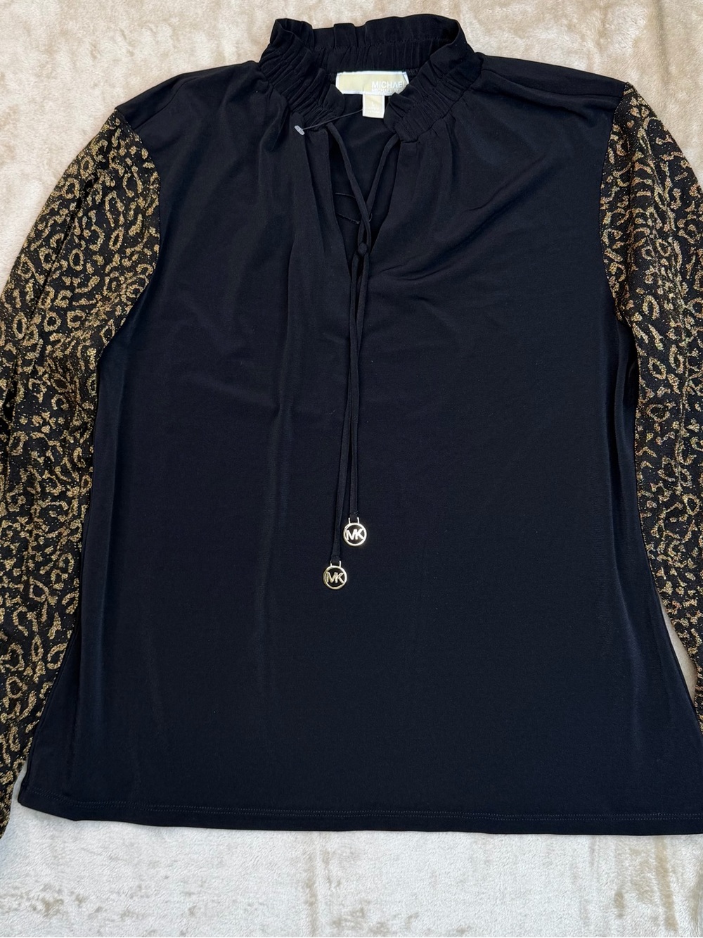 MICHAEL Michael Kors Black Top with Gold Leopard-Print Sleeves